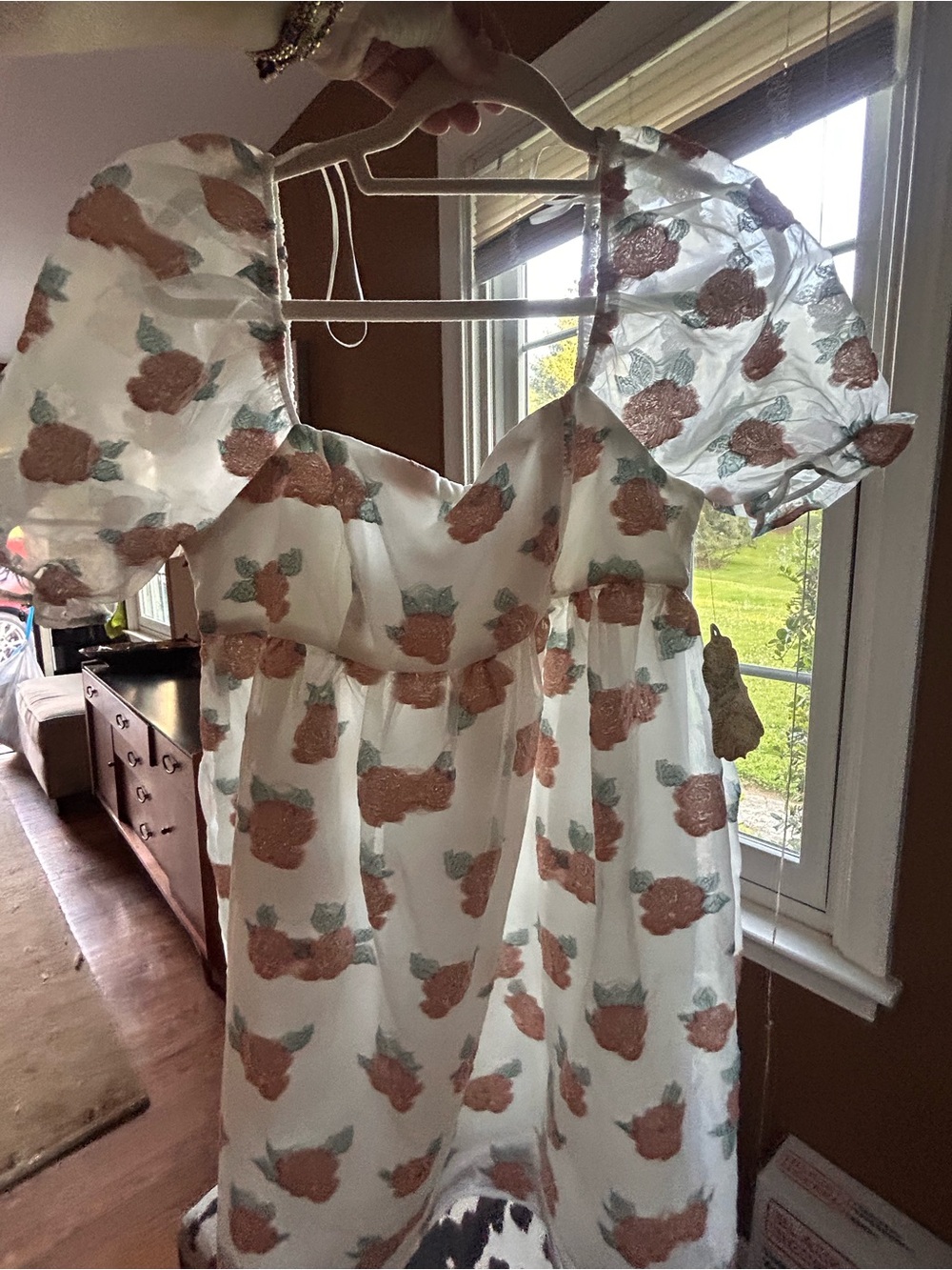 Altar'd State White Mini Dress with Rust Floral Appliqués and Sage Leaves, - Picture 5 of 11